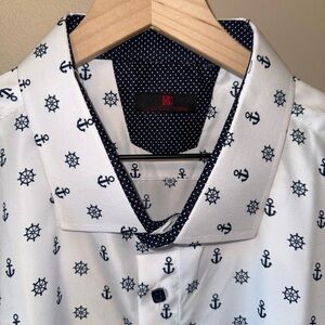 Men's White and Blue Anchor Print Shirt
